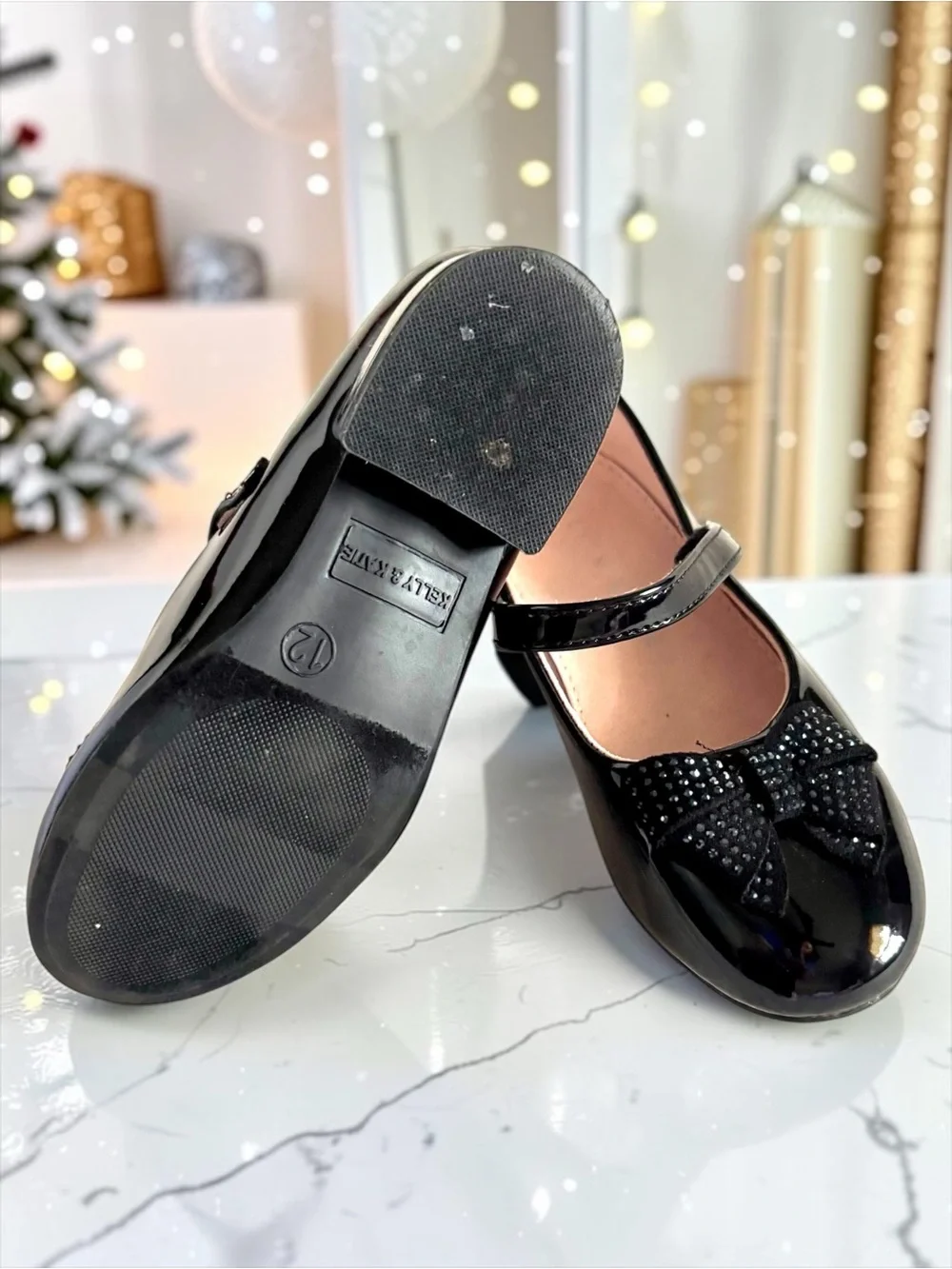 Kelly & Katie Toddler Girl Black Patent Rhinestone Bow Dress Flats | Size 12